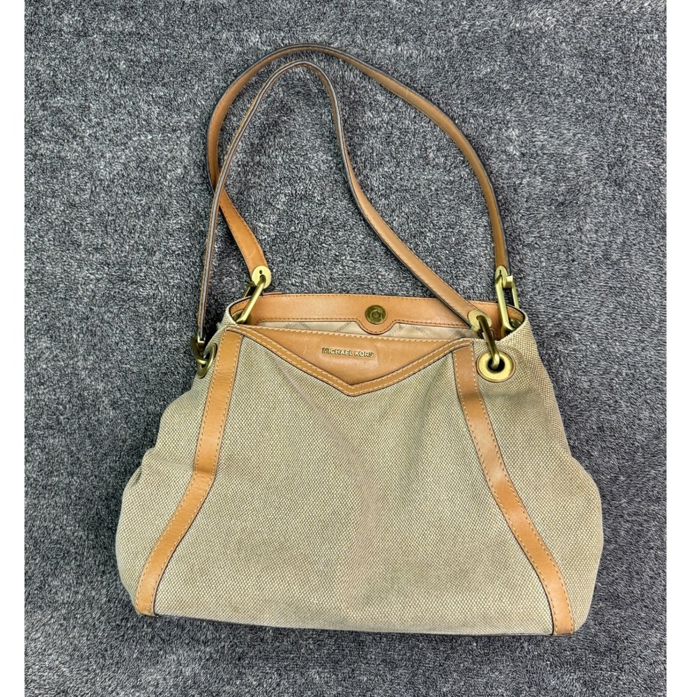 Michael Kors Beige Canvas Leather‎ Trim Triple Compartment Shoulder Bag SCKPSOMY
